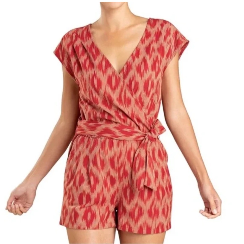Toad&Co Shakti Romper Coral Blaze Ikat Organic cotton Ladies‎ XL NWT